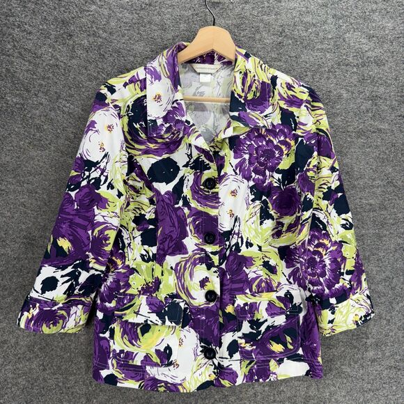 Christopher & Banks Jacket Women M Medium Purple Floral Button Up Collared - Picture 1 of 7